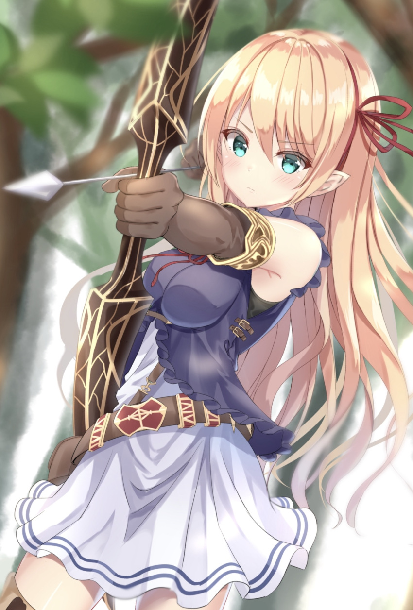 aqua_eyes archery arisa_(shadowverse) armlet armpit_crease arrow belt blonde_hair blurry blush bow_(weapon) breasts commentary_request cowboy_shot day depth_of_field dress elbow_gloves elf eyebrows_visible_through_hair forest furrowed_eyebrows gloves hair_between_eyes hair_ribbon highres impossible_clothes kichi_(kichifav) layered_dress light_frown long_hair looking_at_viewer medium_breasts nature outdoors pointy_ears ribbon shadowverse solo weapon white_dress