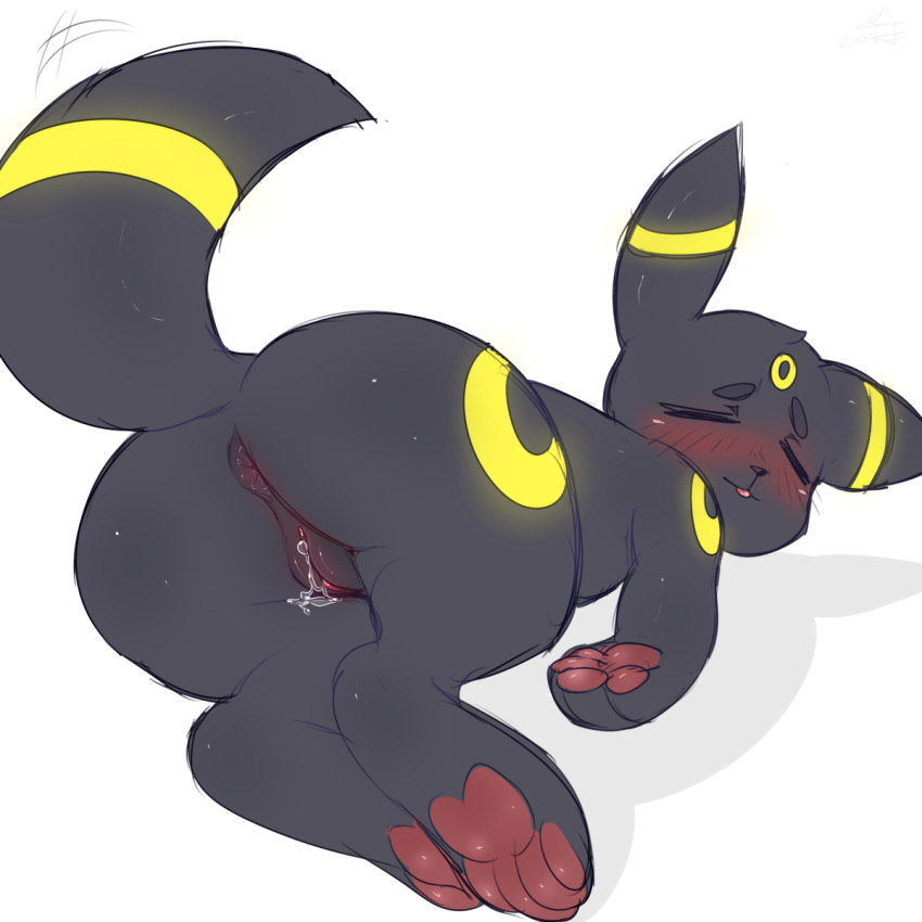 anus blush butt drunk eeveelution eyes_closed female feral nintendo pawpads pok&eacute;mon pok&eacute;mon_(species) pussy pussy_juice simple_background solo sweetsnow umbreon video_games wet white_background