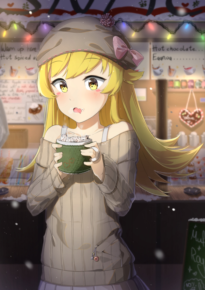 bakemonogatari blonde_hair blush blush_stickers bow collarbone commentary cup english english_commentary eyebrows_visible_through_hair fang food food_on_face hat hat_bow highres holding holding_cup hot_chocolate long_hair marshmallow monogatari_(series) off-shoulder_sweater open_mouth oshino_shinobu pleated_skirt ribbed_sweater sasoura skirt solo steam sweater upper_body yellow_eyes