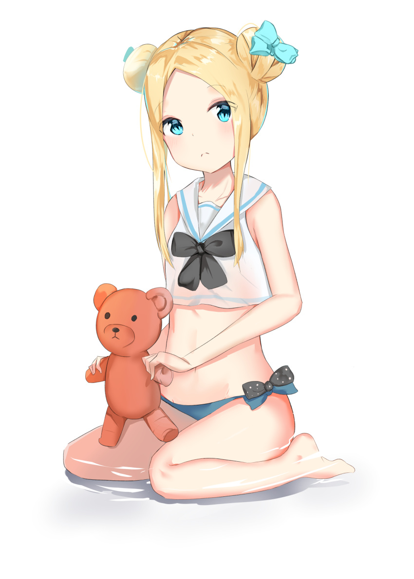 abigail_williams_(fate/grand_order) absurdres alternate_hairstyle bangs bare_legs bare_shoulders barefoot bikini_bottom black_bow blonde_hair blue_bikini_top blue_bow blue_eyes blush bow closed_mouth collarbone commentary double_bun eyebrows_visible_through_hair fate/grand_order fate_(series) forehead hair_bow hair_up head_tilt highres holding holding_stuffed_animal long_hair looking_at_viewer parted_bangs polka_dot polka_dot_bow sailor_collar school_uniform serafuku shirt side_bun sidelocks sitting sleeveless sleeveless_shirt solo stuffed_animal stuffed_toy teddy_bear very_long_hair wariza water white_background white_sailor_collar white_shirt yukaa