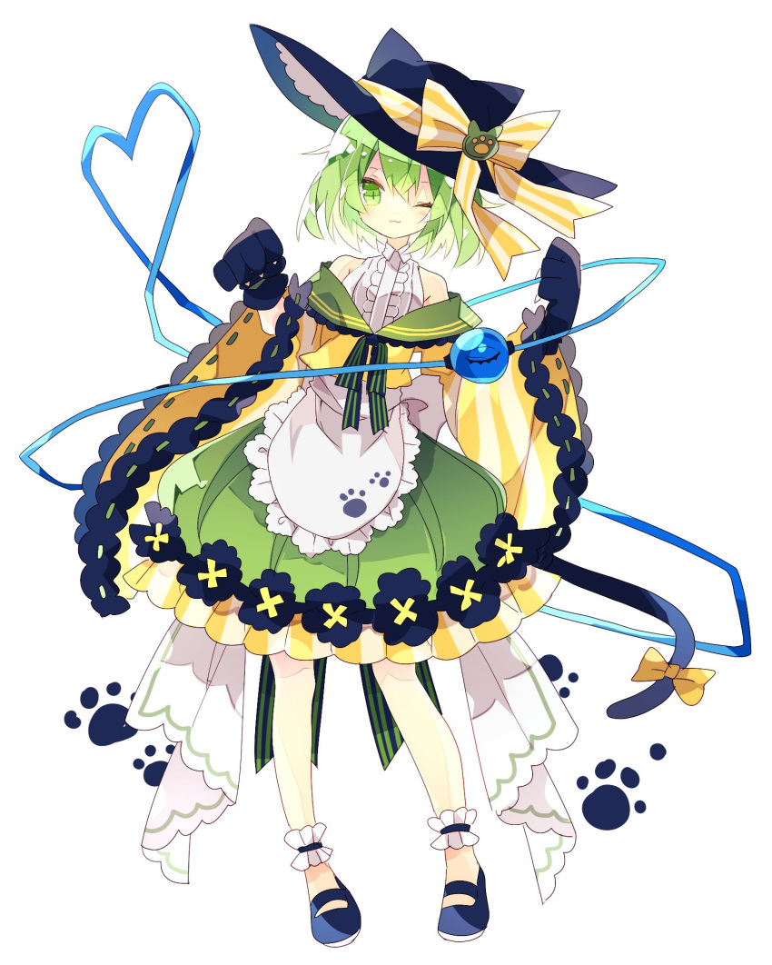 :3 adapted_costume ankle_cuffs blue_footwear bow cat_tail commentary_request full_body gloves green_eyes green_hair hat hat_bow heart heart_of_string highres komeiji_koishi looking_at_viewer nikorashi-ka one_eye_closed paw_background paw_gloves paw_print paws solo standing tail tail_bow third_eye touhou white_background