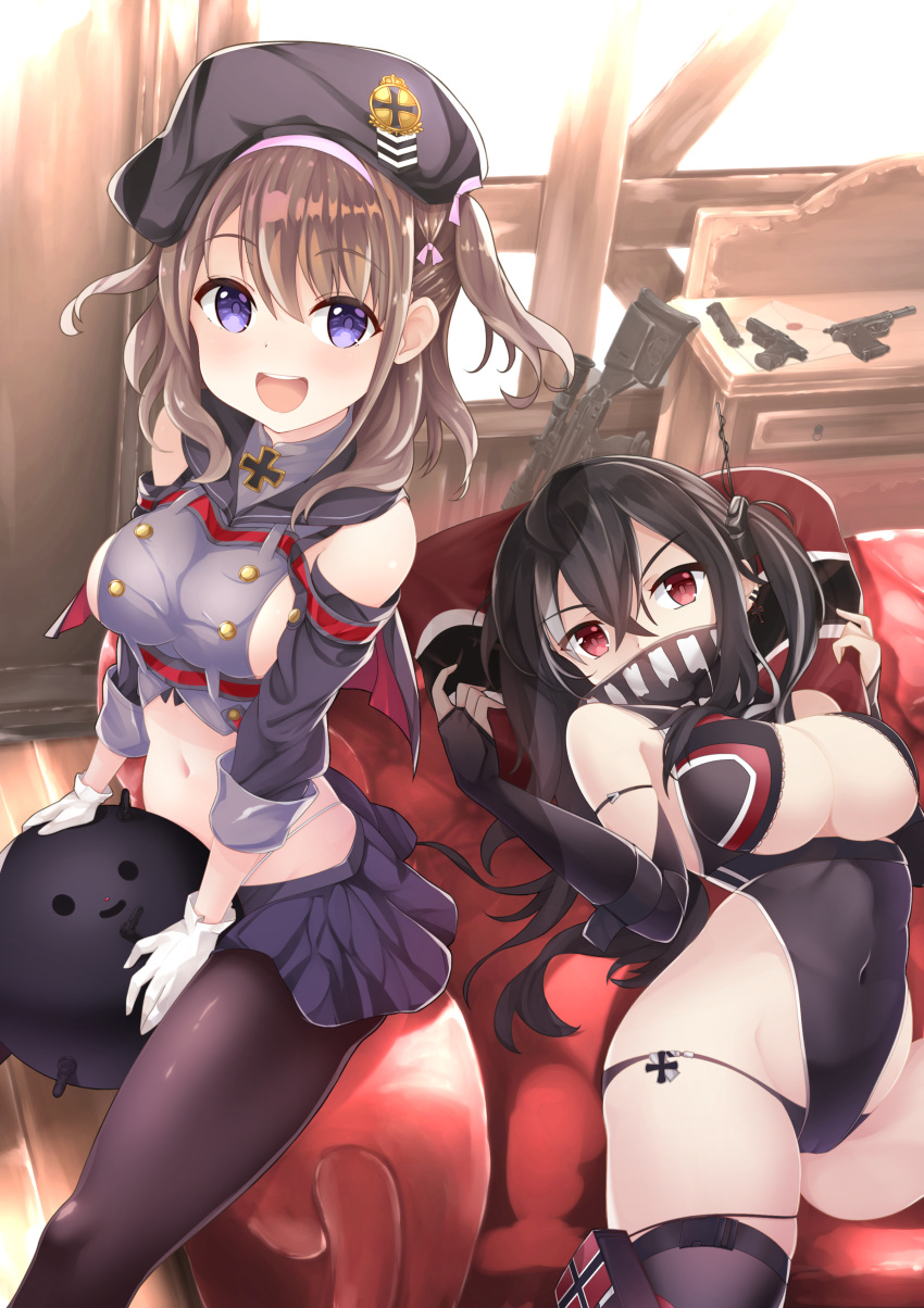 :d absurdres alicia_(schrdingerscat) azur_lane beret black_hair breasts brown_hair commentary couch detached_sleeves drawer explosive gloves gun handgun hat highres iron_cross large_breasts long_hair looking_at_viewer lying mask medium_breasts mine_(weapon) multiple_girls naval_mine open_mouth pantyhose purple_eyes red_eyes rifle sitting smile swimsuit table u-47_(azur_lane) weapon z35_(azur_lane)