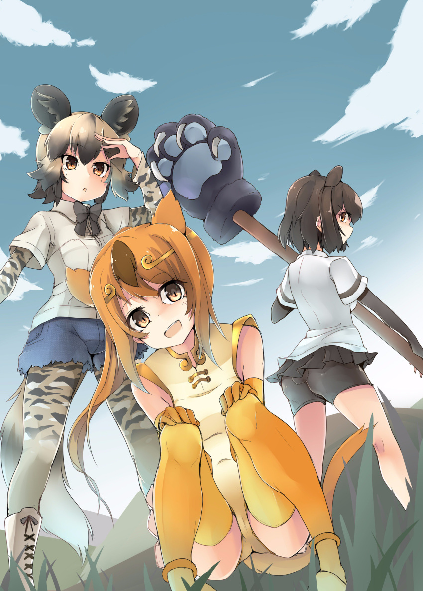 :d :o absurdres african_wild_dog_(kemono_friends) amai_nekuta animal_ears ass bangs bear_ears bear_paw_hammer bear_tail bike_shorts black_hair black_neckwear black_shorts blouse blue_shorts blue_sky boots bow bowtie brown_bear_(kemono_friends) brown_eyes camouflage camouflage_legwear camouflage_shirt circlet closed_mouth cloud cloudy_sky collared_blouse cross-laced_footwear cutoffs day eyebrows_visible_through_hair gloves golden_snub-nosed_monkey_(kemono_friends) grass hands_on_own_knees head_tilt highres kemono_friends lace-up_boots leotard long_sleeves looking_at_viewer looking_back microskirt mole mole_under_eye monkey_ears monkey_tail multiple_girls open_mouth outdoors pantyhose shading_eyes short_hair short_over_long_sleeves short_shorts short_sleeves shorts shorts_under_skirt skirt sky smile squatting standing tail thighhighs weapon white_blouse white_footwear yellow_legwear yellow_leotard