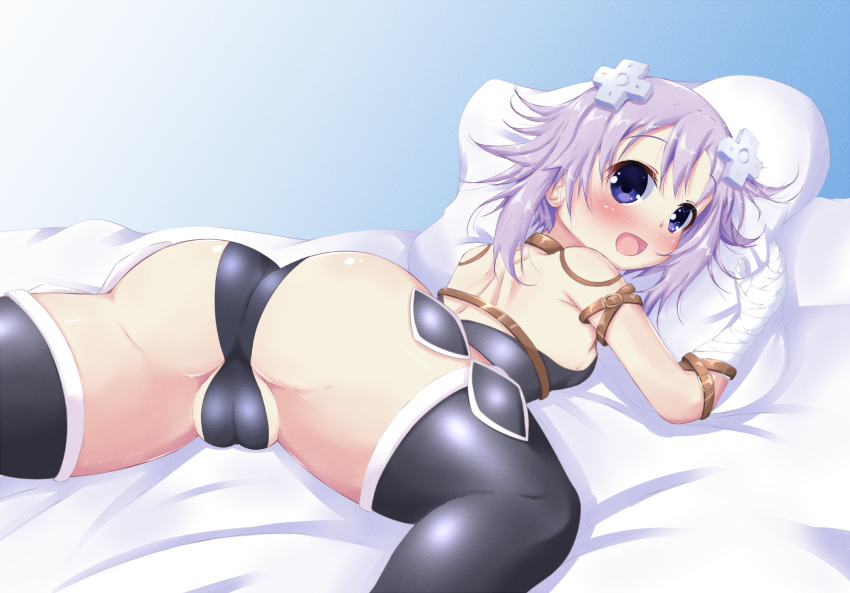 ass back bandages bed blush boots breasts cameltoe choujigen_game_neptune commentary commission cosplay d-pad d-pad_hair_ornament english_commentary ether_core fate/apocrypha fate_(series) hair_ornament highres jack_the_ripper_(fate/apocrypha) jack_the_ripper_(fate/apocrypha)_(cosplay) looking_at_viewer looking_back lying neptune_(choujigen_game_neptune) neptune_(series) official_style on_bed on_stomach open_mouth panties petite pillow pillow_hug purple_eyes purple_hair shiny shiny_hair shiny_skin short_hair sidelocks small_breasts smile spread_legs thigh_boots thighhighs underwear