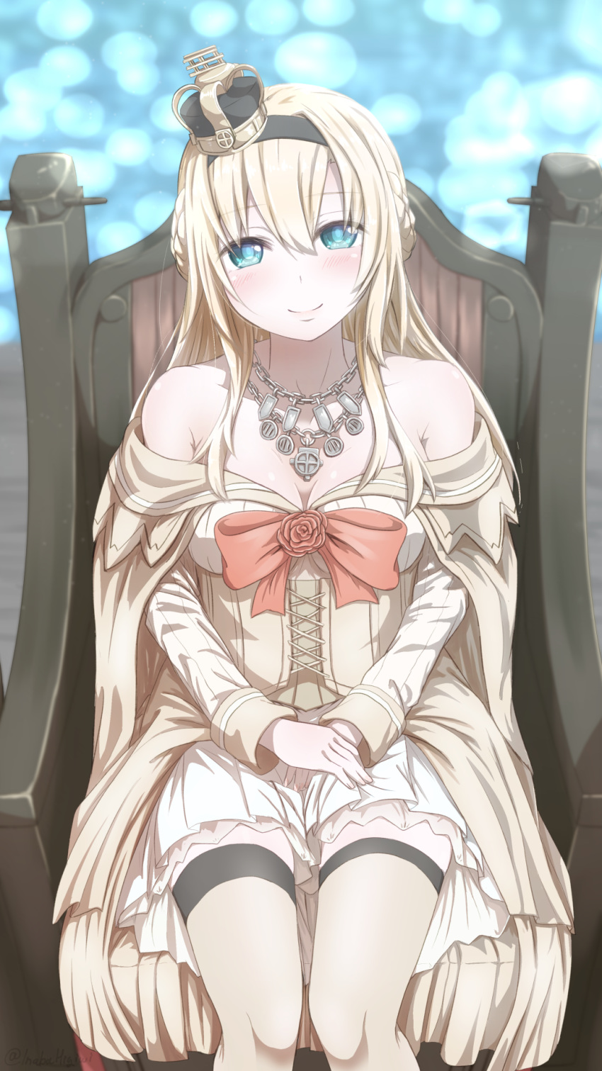 blonde_hair blue_eyes braid commentary_request crown dress flower french_braid garter_straps giorgio_claes highres kantai_collection long_hair long_sleeves looking_at_viewer mini_crown off-shoulder_dress off_shoulder red_flower red_ribbon red_rose ribbon rose solo thighhighs throne tilted_headwear warspite_(kantai_collection) white_dress white_legwear