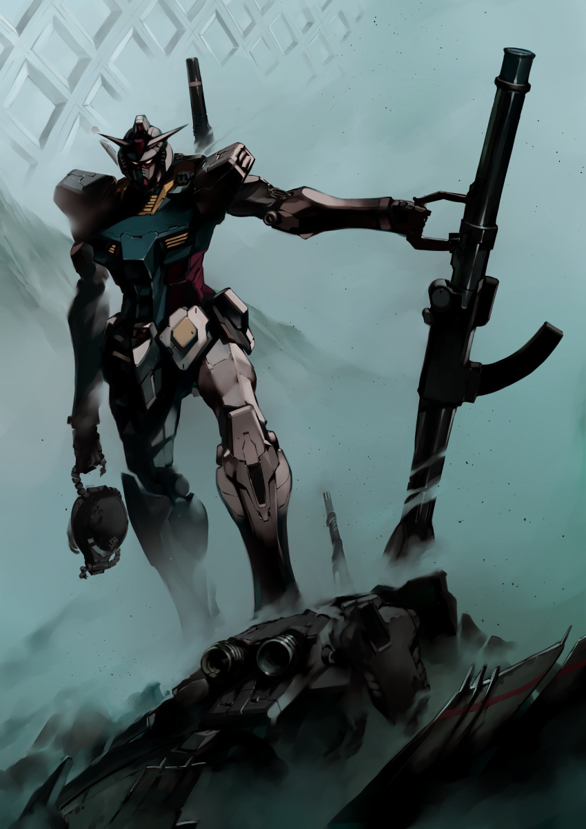 bazooka commentary_request damaged debris dirty fog good_end gun gundam highres holding holding_gun holding_weapon mecha mobile_suit_gundam no_humans original redesign rx-78-2 science_fiction severed_head shimoguchi_tomohiro smoke standing victory weapon wreckage zaku_ii