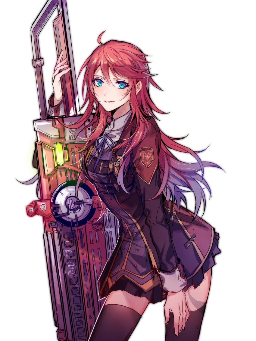 absurdres ahoge ao_no_kiseki black_legwear blue_eyes breasts chainsaw cowboy_shot eiyuu_densetsu gunblade hair_between_eyes highres insignia jacket lanlanlu_(809930257) long_hair long_sleeves looking_at_viewer medium_breasts military military_uniform miniskirt neck_ribbon oversized_object pleated_skirt red_hair ribbon sen_no_kiseki sen_no_kiseki_3 shirley_orlando skirt smile solo thighhighs transparent_background uniform weapon zettai_ryouiki