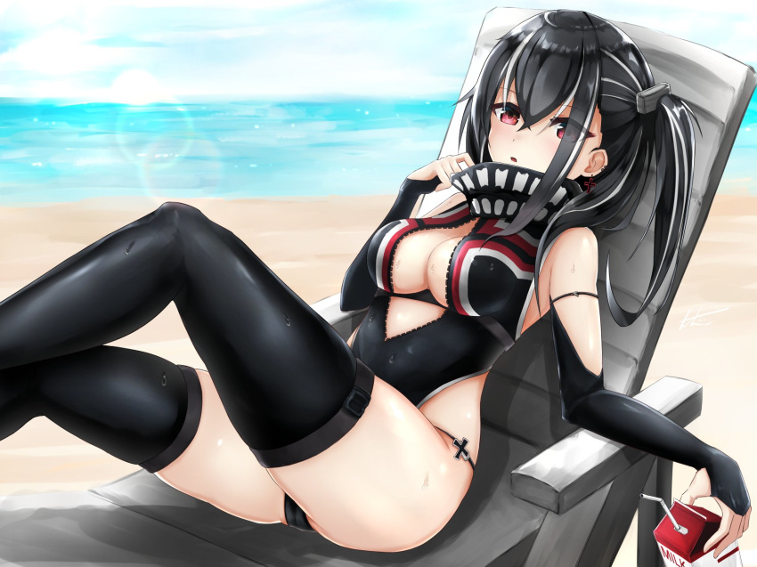 azur_lane beach beach_chair black_hair black_legwear blue_sky breasts cameltoe commentary cross cross_earrings day earrings elbow_gloves gloves highres iron_cross jewelry lens_flare long_hair looking_at_viewer medium_breasts ocean one_side_up parted_lips red_eyes sitting skindentation sky solo swimsuit thighhighs tosaka_(tosaka0001) u-47_(azur_lane)