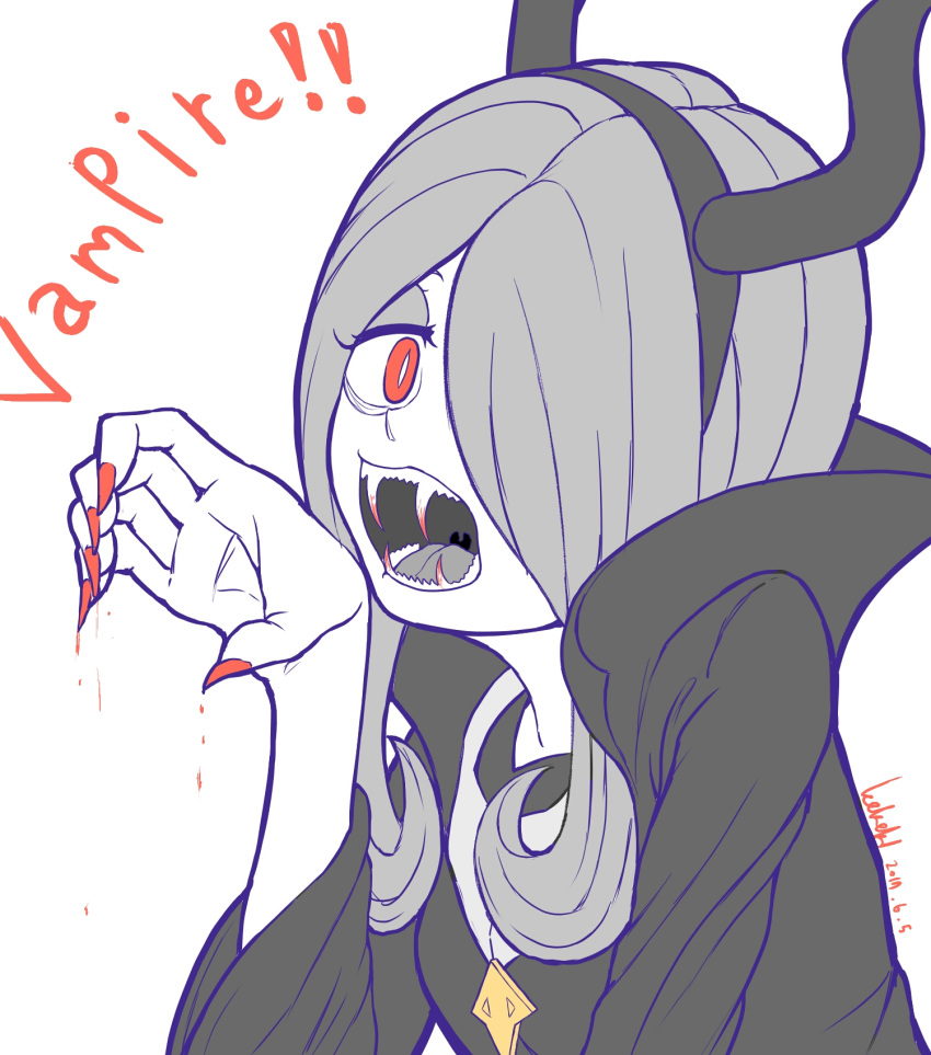 artist_name blood blood_drip cosplay dated english fake_horns fingernails hair_over_one_eye highres ice_keki little_witch_academia long_fangs long_fingernails maleficent maleficent_(cosplay) open_mouth red_eyes sleeping_beauty slit_pupils spot_color sucy_manbavaran tongue vampire