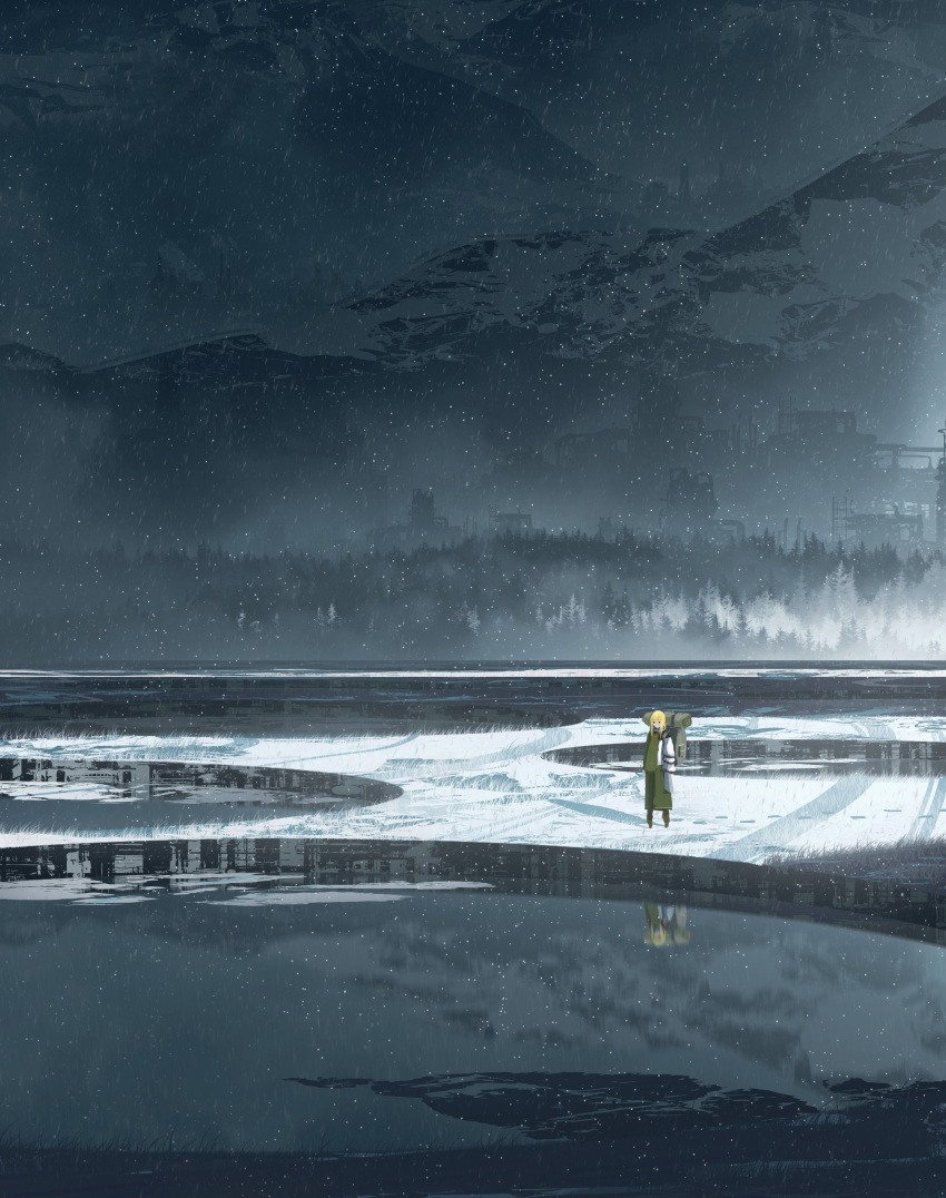 1girl absurdres asuteroid backpack bag blonde_hair footprints highres iris_(asuteroid) lake machinery mountain mountainous_horizon original reflection snow snowing standing tree very_wide_shot