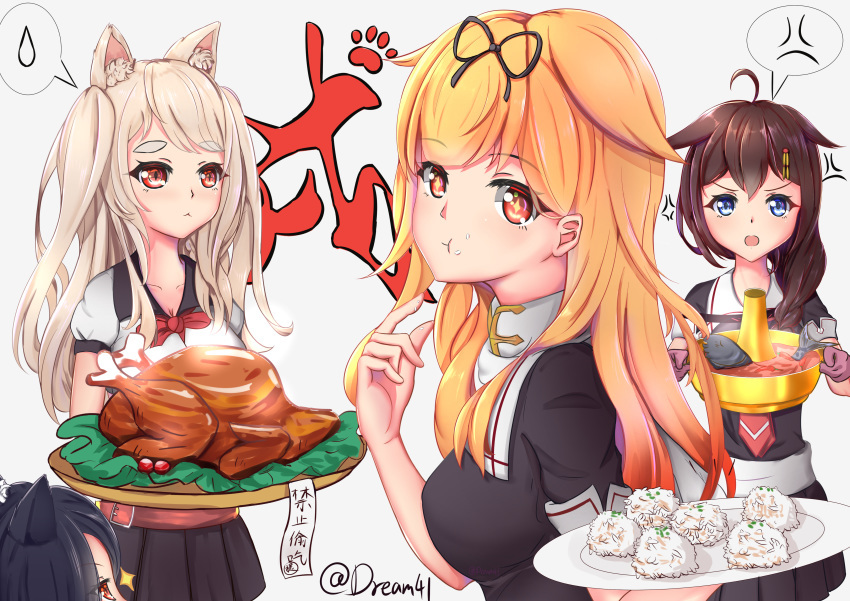 4girls :3 :o :t absurdres ahoge anger_vein angry animal_ears azur_lane bangs black_hair black_ribbon black_serafuku black_shirt black_skirt blue_eyes braid breasts brown_hair chinese_commentary chinese_zodiac cleavage closed_mouth collarbone commentary_request crossover dog_ears dog_girl dream41 eating eyebrows_visible_through_hair eyelashes food food_on_face food_request gradient_hair hair_flaps hair_ornament hair_over_shoulder hair_ribbon highres holding holding_plate kantai_collection light_brown_hair long_hair looking_at_another looking_at_viewer looking_to_the_side medium_breasts miniskirt multicolored_hair multiple_girls namesake necktie open_mouth orange_hair parted_bangs peeking plate pleated_skirt red_eyes red_neckwear remodel_(kantai_collection) ribbon sailor_collar school_uniform serafuku shigure_(azur_lane) shigure_(kantai_collection) shirt short_sleeves simple_background single_braid skirt slit_pupils spoken_anger_vein spoken_sweatdrop standing sweatdrop swept_bangs thick_eyebrows turkey_(food) twitter_username v-shaped_eyebrows white_background white_sailor_collar wolf_ears wolf_girl year_of_the_dog yuudachi_(azur_lane) yuudachi_(kantai_collection)