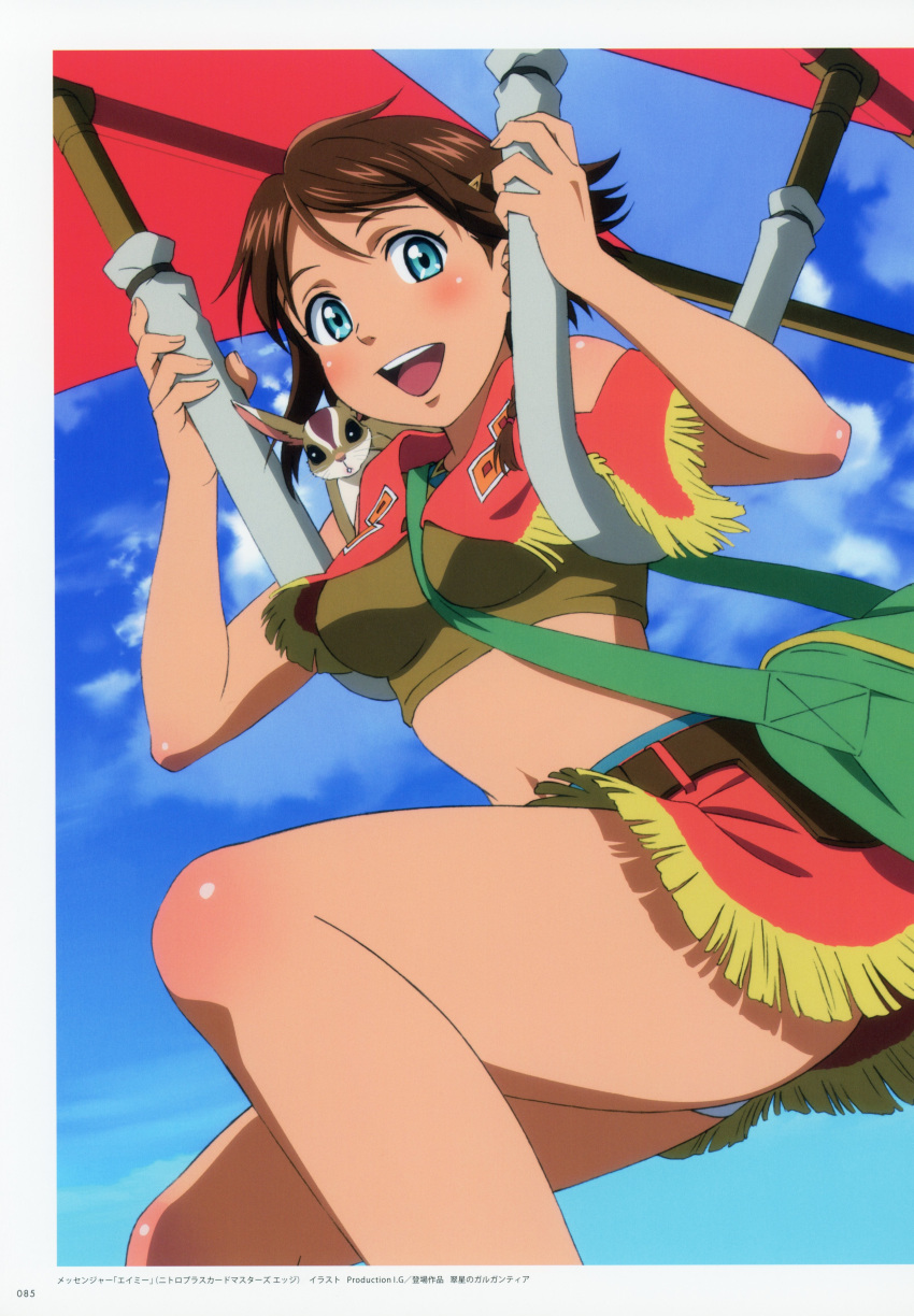 1girl absurdres aircraft amy_(suisei_no_gargantia) artist_request bag bangs blue_eyes blue_sky blush braid breasts brown_hair cloud cloudy_sky dark_skin day fingernails glider gliding hair_ornament highres huge_filesize looking_at_viewer medium_breasts midriff miniskirt official_art open_mouth outdoors panties scan shiny shiny_hair shiny_skin short_hair skirt sky sleeveless smile solo squirrel suisei_no_gargantia thighs twin_braids underwear upskirt white_panties