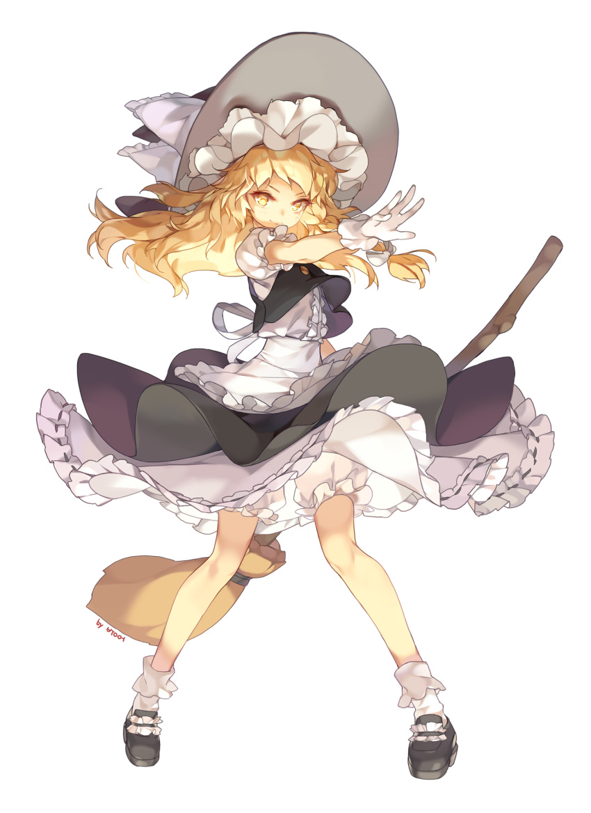 apron arm_at_side artist_name black_footwear black_skirt black_vest blonde_hair bloomers bobby_socks braid broom commentary_request frilled_apron frills full_body gloves hair_ribbon hat hat_ribbon highres karpin kirisame_marisa legs_apart loafers long_hair looking_at_viewer open_hand outstretched_arm petticoat puffy_short_sleeves puffy_sleeves ribbon shirt shoes short_sleeves simple_background single_braid skirt skirt_set smile socks solo standing touhou tress_ribbon underwear vest waist_apron white_background white_gloves white_legwear white_shirt witch_hat yellow_eyes