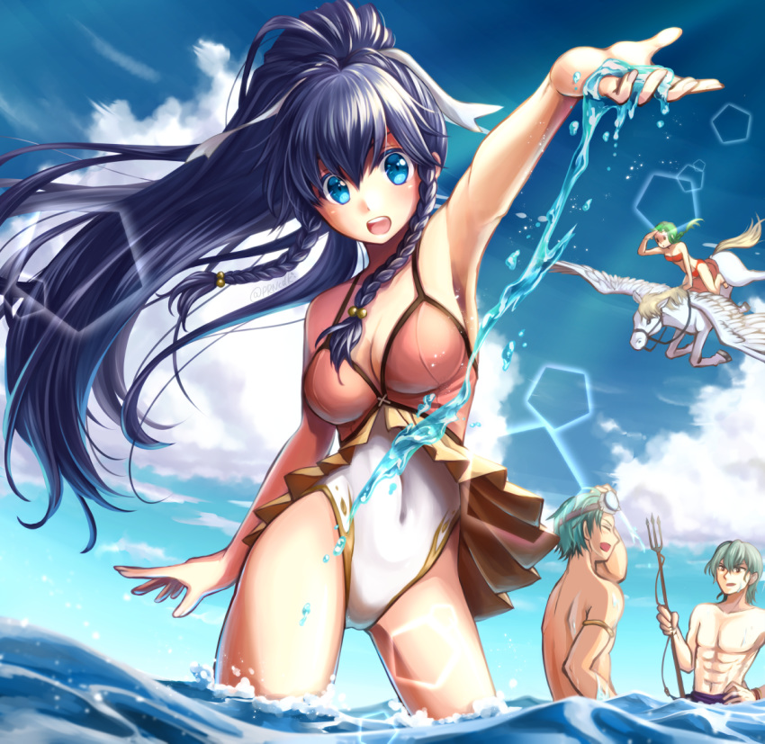 2girls :d abs aqua_eyes aqua_hair arm_up bikini blue_hair braid braided_ponytail breasts cleavage closed_eyes cloud cloudy_sky covered_navel cowboy_shot dark_blue_hair day ephraim fire_emblem fire_emblem:_seima_no_kouseki fire_emblem_heroes goggles goggles_on_head green_hair hand_on_hip hand_on_own_head harpoon innes lens_flare long_hair looking_afar looking_at_another looking_at_viewer medium_breasts multiple_boys multiple_girls ocean one-piece_swimsuit open_mouth outstretched_hand parune_chigetsu pegasus polearm ponytail profile red_bikini riding short_hair side_braids sky smile splashing standing swimsuit tana trident twitter_username vanessa_(fire_emblem) wading water weapon