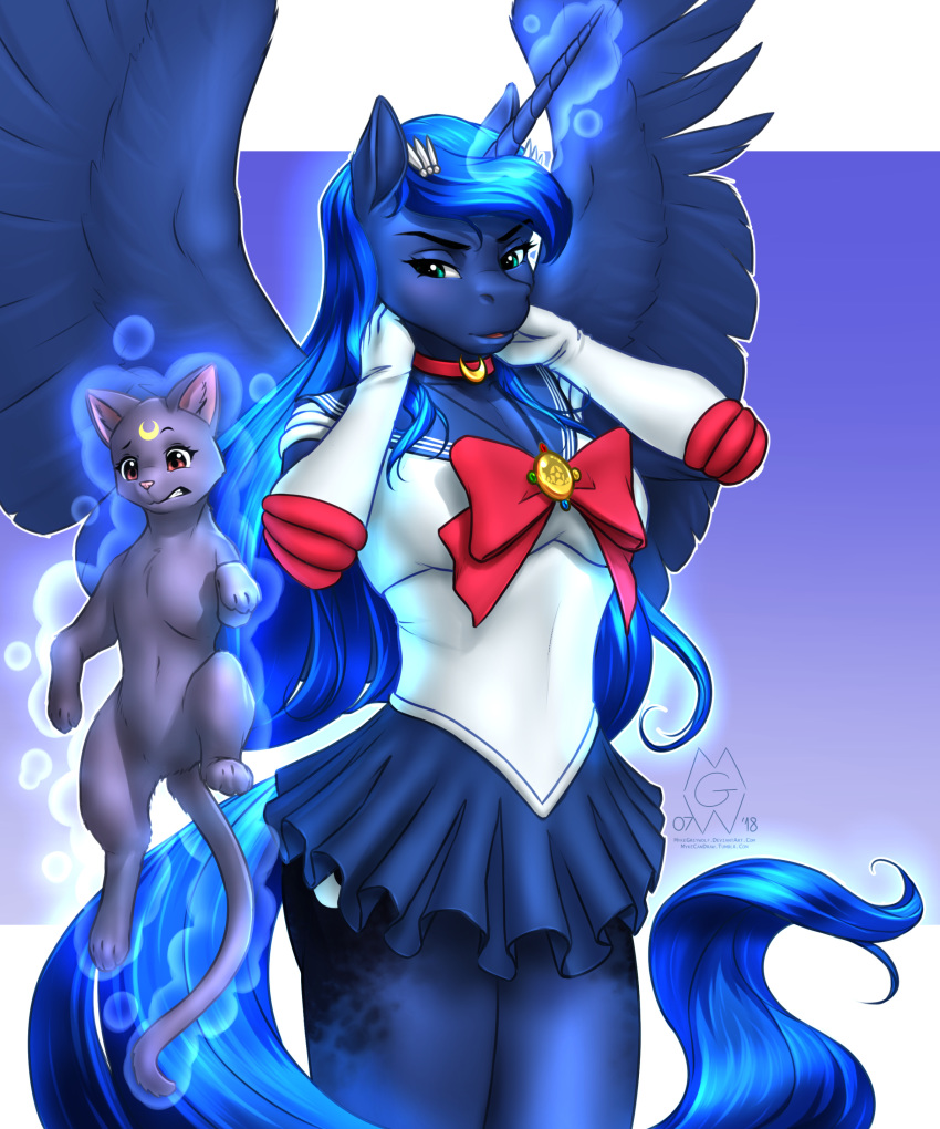 2018 absurd_res anthro anthrofied blue_eyes blue_feathers blue_hair cat clothed clothing cutie_mark digital_media_(artwork) equine feathered_wings feathers feline female friendship_is_magic hair hi_res horn long_hair luna_(sailor_moon) mammal my_little_pony mykegreywolf princess_luna_(mlp) sailor_moon_(series) spread_wings winged_unicorn wings