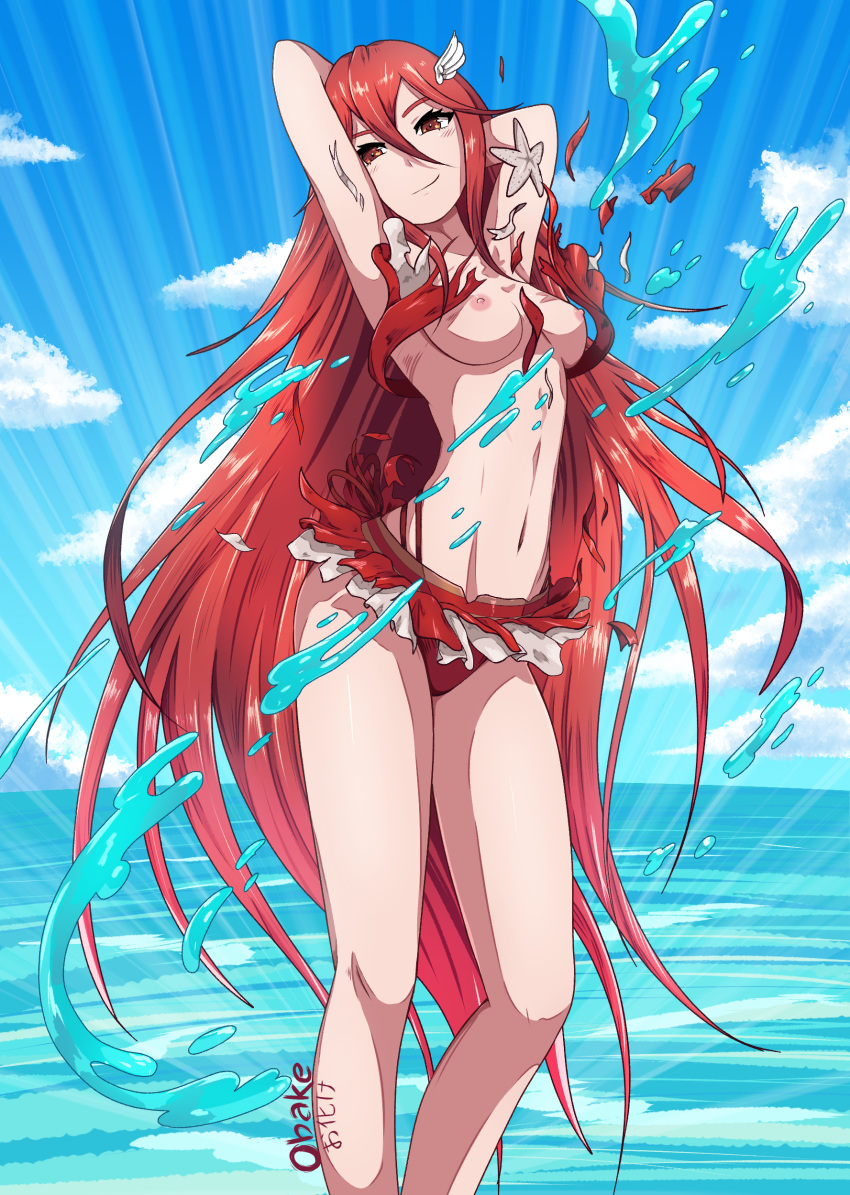 absurdres arms_behind_head arms_up artist_name bikini breasts cloud cloudy_sky cowboy_shot day emphasis_lines exploding_clothes fire_emblem fire_emblem:_kakusei fire_emblem_heroes hair_between_eyes highres long_hair looking_at_viewer medium_breasts navel nipples obakeart ocean pose red_eyes red_hair signature sky smile solo splashing standing swimsuit tiamo torn_clothes very_long_hair winged_hair_ornament