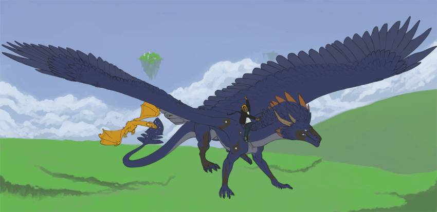 2010 anthro anthro_on_feral bestiality blue_skin claws cloud dragon feathered_dragon feathers feral fur furred_dragon grass horn humanoid orion_(pheel) pheel riding simple_background
