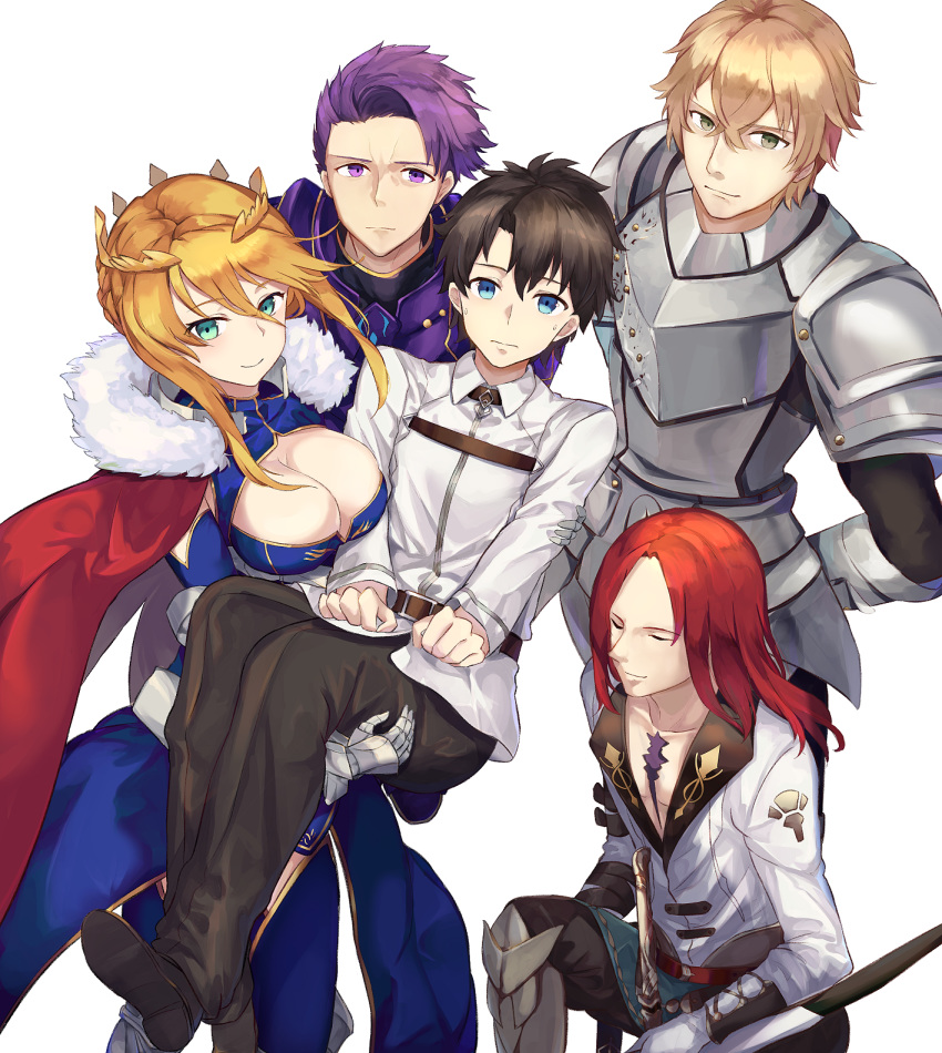 4boys ahoge armor armored_boots artoria_pendragon_(all) artoria_pendragon_(lancer) bangs belt black_hair blonde_hair blue_eyes boots braid breastplate breasts brown_eyes brown_hair cape carrying chaldea_uniform cleavage closed_eyes closed_mouth collarbone commentary_request crown fate/grand_order fate_(series) faulds french_braid fujimaru_ritsuka_(male) fur-trimmed_cape fur_trim gauntlets gawain_(fate/extra) green_eyes hair_between_eyes highres kneeling knights_of_the_round_table_(fate) lancelot_(fate/grand_order) large_breasts long_hair looking_at_viewer mosta_(lo1777789) multiple_boys pauldrons princess_carry purple_eyes purple_hair red_cape red_hair sheath sheathed shoes short_hair shoulder_armor sidelocks simple_background smile standing sweatdrop swept_bangs tristan_(fate/grand_order) white_background