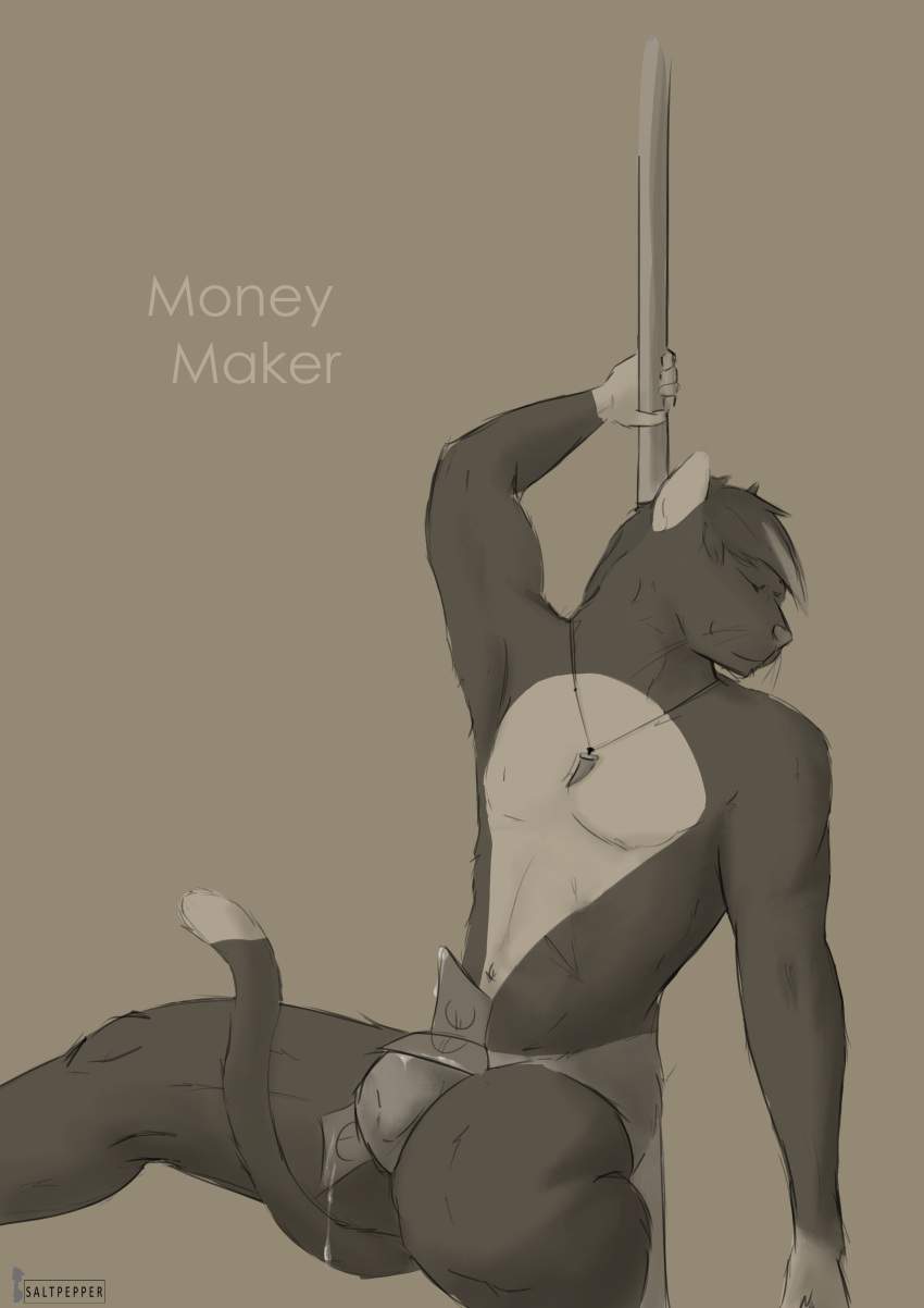 2019 anthro bulge cat cum dancing digital_media_(artwork) feline hi_res jewelry male mammal money muscular necklace nude salt_pepper stripper