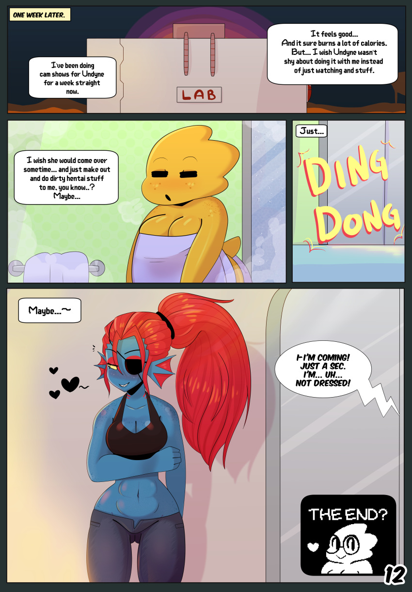 absurd_res alphys anthro breasts clothed clothing comic dialogue duo english_text eye_patch eyewear female freckles fully_clothed hair hi_res marine midriff mostly_nude navel non-mammal_breasts pants red_hair reptile romantic_couple scales scalie shirt somescrub speech_bubble steam text thought_bubble towel undertale undyne video_games wide_hips yellow_scales