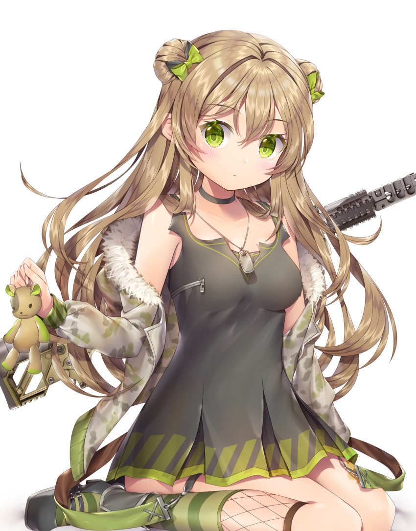 agrt ankle_cuffs assault_rifle bangs black_footwear blush bow breasts brown_hair bullpup camouflage choker closed_mouth collarbone commentary_request dog_tags double_bun dress eyebrows_visible_through_hair fur-trimmed_jacket fur_trim girls_frontline green_eyes gun hair_between_eyes hair_bow highres jacket kel-tec_rfb long_hair mary_janes medium_breasts off_shoulder rfb_(girls_frontline) rifle shoes sitting socks solo striped striped_legwear stuffed_animal stuffed_toy teddy_bear wariza weapon zipper