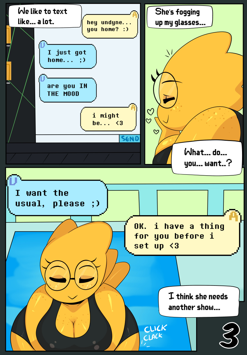absurd_res alphys anthro black_clothing breasts chat_box clothed clothing comic computer dialogue english_text eyes_closed eyewear female freckles fully_clothed glasses hi_res laptop non-mammal_breasts offscreen_character reptile round_glasses scales scalie shirt short_tail sitting smile somescrub text thought_bubble undertale video_games wide_hips yellow_scales