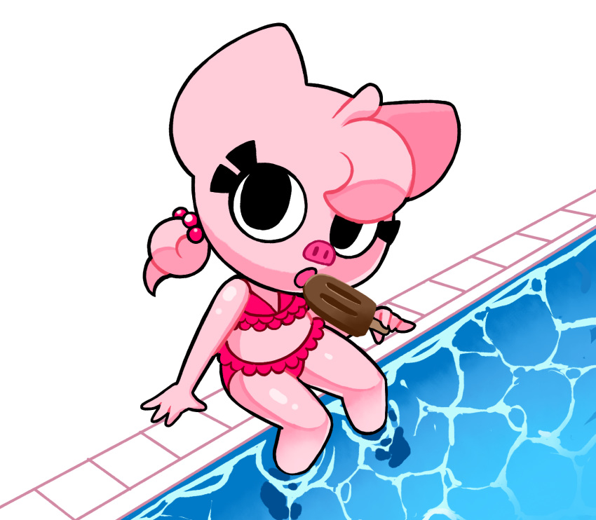bikini clothing female flat_chested food gaturo looking_at_viewer mammal mina_(gaturo) pig pink_skin pool_(disambiguation) popsicle porcine sitting solo swimsuit water