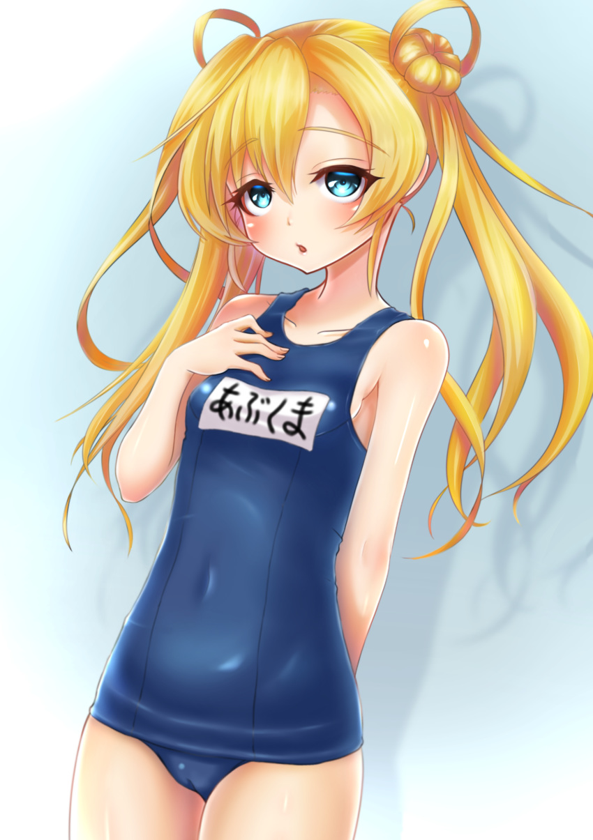 absurdres abukuma_(kantai_collection) blonde_hair blue_background blue_eyes blue_swimsuit cameltoe collarbone covered_navel cowboy_shot double_bun eyebrows_visible_through_hair flat_chest hair_between_eyes hair_rings hand_on_own_chest highres kantai_collection long_hair looking_at_viewer makura_(user_jpmm5733) name_tag one-piece_swimsuit school_swimsuit shadow solo swimsuit