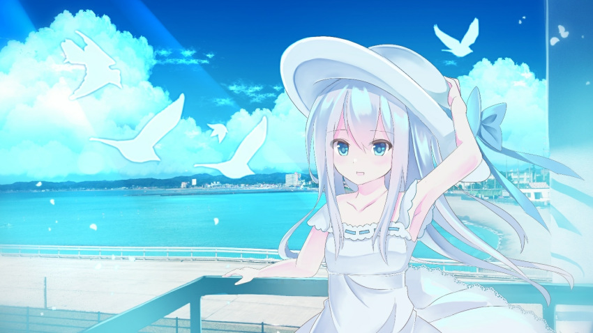 alternate_costume armpits balcony beach bird blue_eyes blue_sky cloud collarbone day dress eyebrows_visible_through_hair fathom hand_on_headwear hat hibiki_(kantai_collection) highres kantai_collection landscape light_blush long_hair ocean open_mouth railing scenery seagull silver_hair sky smile solo sun_hat upper_body water white_dress