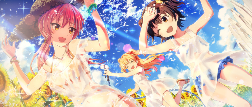:d ;d akagi_miria arms_up bangs bare_shoulders bikini bikini_under_clothes blonde_hair blue_bikini blue_sky blush bracelet breasts brown_eyes brown_hair cleavage cloud collarbone commentary_request day dress earrings eyebrows_visible_through_hair fence flower hair_between_eyes halter_top halterneck hat highres hose hose_nozzle idolmaster idolmaster_cinderella_girls jewelry jougasaki_mika jougasaki_rika large_breasts long_hair multiple_girls necklace one_eye_closed open_mouth orange_bikini outdoors picket_fence pink_hair sandals see-through short_hair sky sleeveless sleeveless_dress smile standing straw_hat sun_hat sundress swimsuit twintails two_side_up water wet wet_clothes white_dress wooden_fence yellow_eyes yuuki_tatsuya