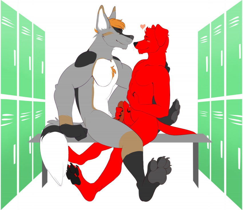 ahzi anthro black_nose blush canine chest_tuft digital_media_(artwork) dog duo erection frottage fur hair handjob humanoid_penis jon_(redtwin) kasyl_(fursona) locker_room male male/male mammal nude penis sex simple_background smile tuft wolf