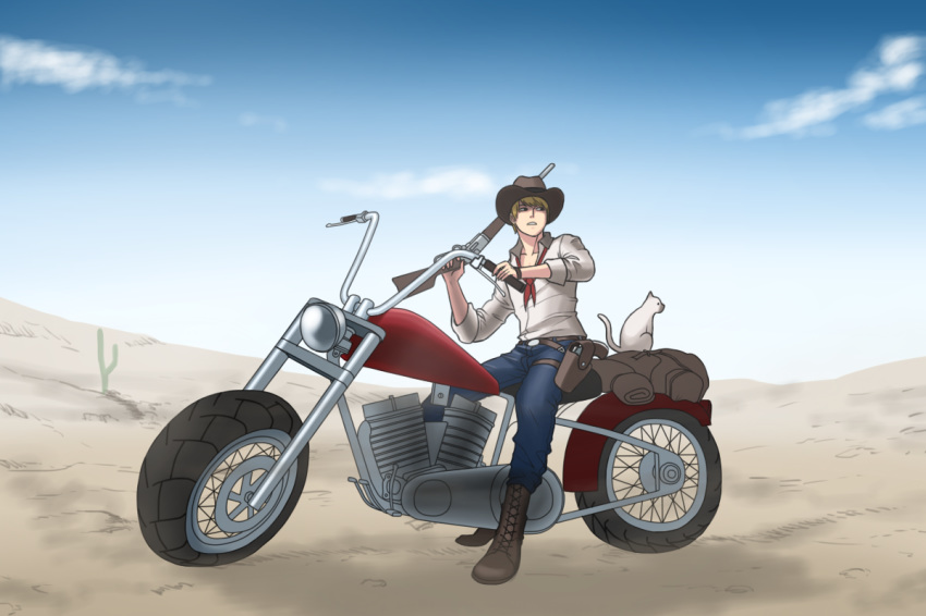 cat desert ground_vehicle gun male_focus mk001black motor_vehicle motorcycle original self_upload shotgun solo weapon western