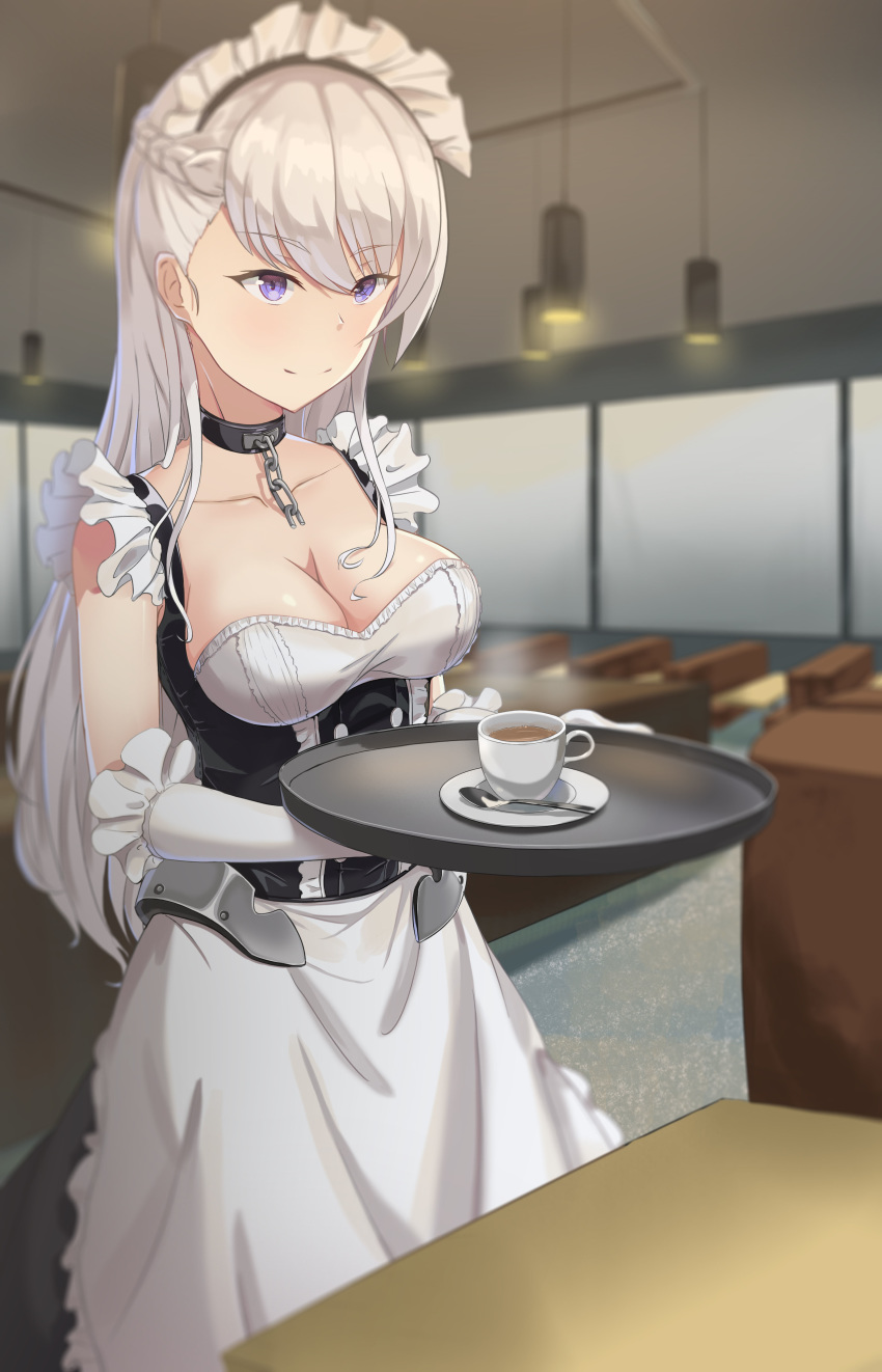 absurdres apron azur_lane bangs belfast_(azur_lane) blue_eyes blurry blush braid breasts chain chinese_commentary cleavage coffee collar collarbone commentary_request corset cup depth_of_field diner dress elbow_gloves eyebrows_visible_through_hair fled french_braid frilled_gloves frills gloves highres holding holding_tray indoors large_breasts long_hair maid maid_headdress saucer smile solo spoon tray white_gloves white_hair