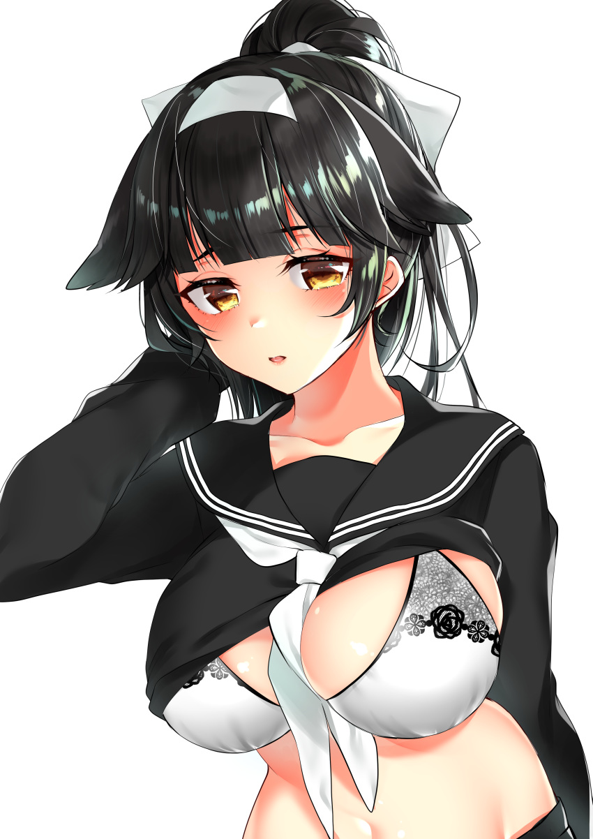 absurdres alternate_costume animal_ears arm_at_side azur_lane bangs black_hair black_sailor_collar black_serafuku black_shirt black_skirt blunt_bangs blush bow bra breasts brown_eyes buta_tamako collarbone dog_ears extra_ears eyebrows_visible_through_hair groin hair_bow hair_ears hair_flaps hair_ornament hairband hand_to_head hand_up highres large_breasts long_hair long_sleeves looking_at_viewer mole mole_under_eye navel neckerchief open_mouth ponytail sailor_collar school_uniform serafuku shiny shiny_skin shirt shirt_lift skirt smile solo stomach takao_(azur_lane) tongue underwear uniform upper_body white_background white_bow white_bra white_hairband white_neckwear yellow_eyes