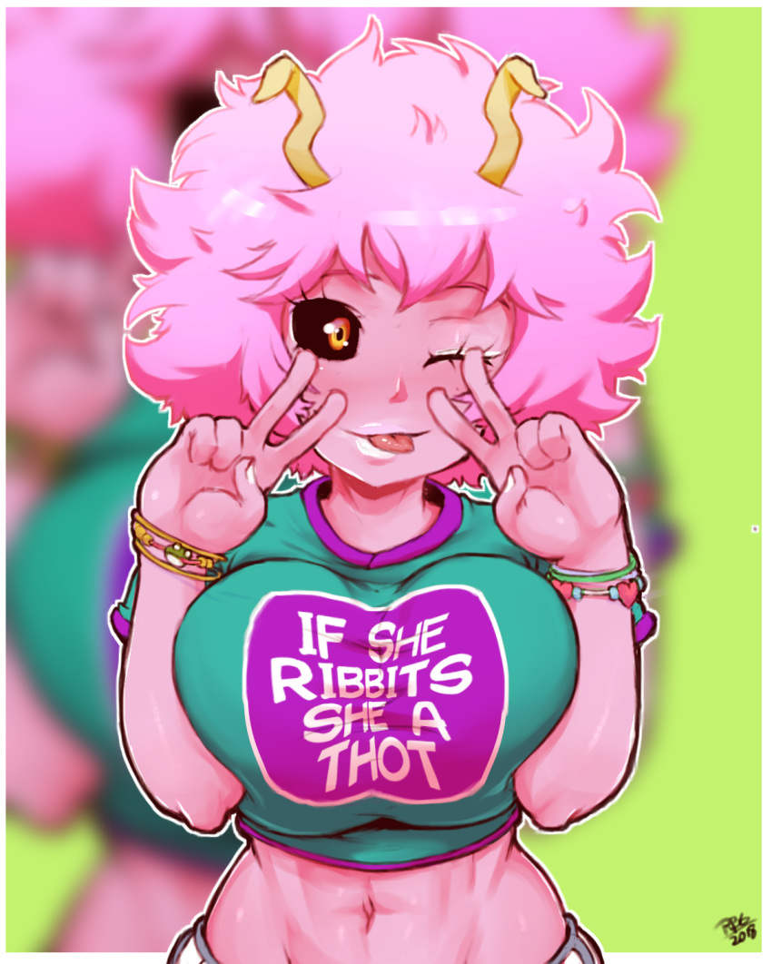 2018 ;p abs ashido_mina bangs black_sclera blurry blurry_background boku_no_hero_academia border bracelet breast_squeeze breasts clothes_writing commentary crop_top double_v english english_commentary eyeliner green_background green_shirt hands_up head_tilt highres horns jewelry large_breasts lipstick looking_at_viewer makeup meme midriff nail_polish navel one_eye_closed orange_eyes outline outside_border pink_hair pink_skin randomboobguy shiny shiny_hair shirt short_hair short_sleeves shorts signature smile solo stomach t-shirt taut_clothes taut_shirt tongue tongue_out upper_body v white_border white_lipstick white_nails white_outline white_shorts zoom_layer