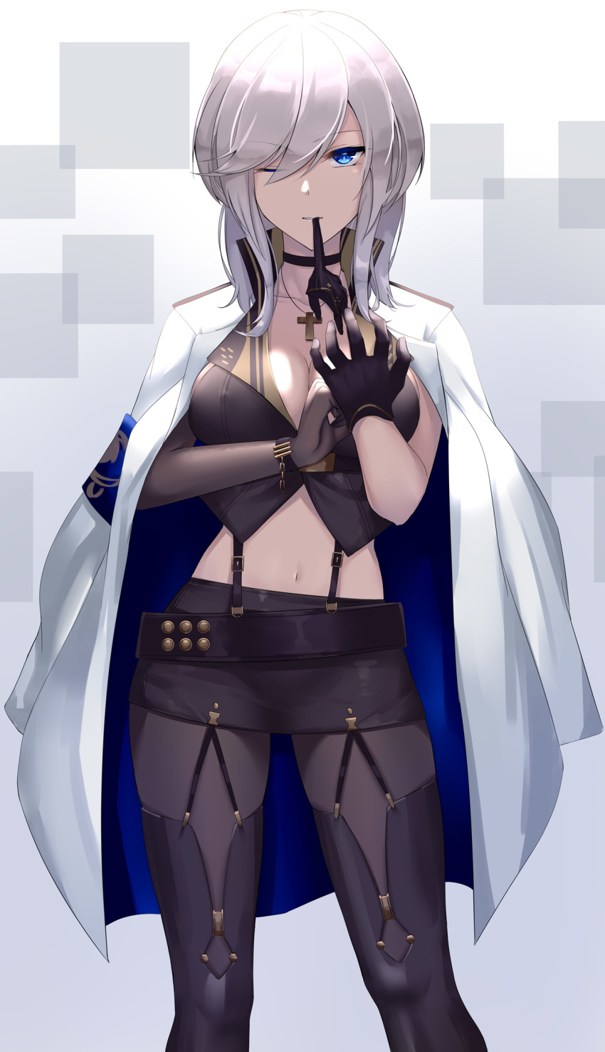 adjusting_clothes adjusting_gloves azur_lane bangs belt black_gloves black_legwear black_skirt blue_eyes boots breasts choker cleavage commentary_request covered_nipples cowboy_shot cross cross_necklace eternity_(pixiv8012826) eyebrows_visible_through_hair glove_in_mouth gloves hair_between_eyes highres jacket_on_shoulders jewelry large_breasts looking_at_viewer mole mole_on_breast mouth_hold navel necklace one_eye_closed pantyhose pencil_skirt short_hair sidelocks silver_hair skirt solo suspenders thigh_boots thighhighs washington_(azur_lane) wrist_straps