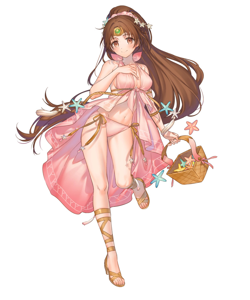 bangs bare_shoulders basket bikini breasts brown_eyes brown_hair circle closed_mouth fire_emblem fire_emblem:_monshou_no_nazo fire_emblem_heroes full_body hair_ornament hand_on_own_chest highres holding jewelry kippu large_breasts leg_up linda_(fire_emblem) long_hair navel official_art ponytail sandals side-tie_bikini smile solo starfish swimsuit transparent_background very_long_hair