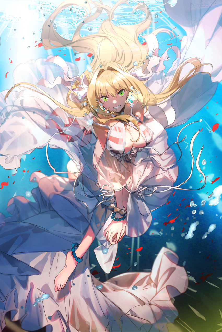 absurdres ahoge air_bubble anklet bangs bare_shoulders barefoot bead_anklet bead_bracelet beads bikini blonde_hair bracelet breasts bubble caustics cleavage dress fate/grand_order fate_(series) feet floating_hair gown green_eyes grin hair_between_eyes hair_intakes hair_ribbon halterneck hands_together highres hips jewelry large_breasts legs light_rays long_hair looking_at_viewer nero_claudius_(fate)_(all) nero_claudius_(swimsuit_caster)_(fate) no-kan petals red_bikini ribbon smile solo striped striped_bikini submerged sunlight swimsuit underwater water white_ribbon