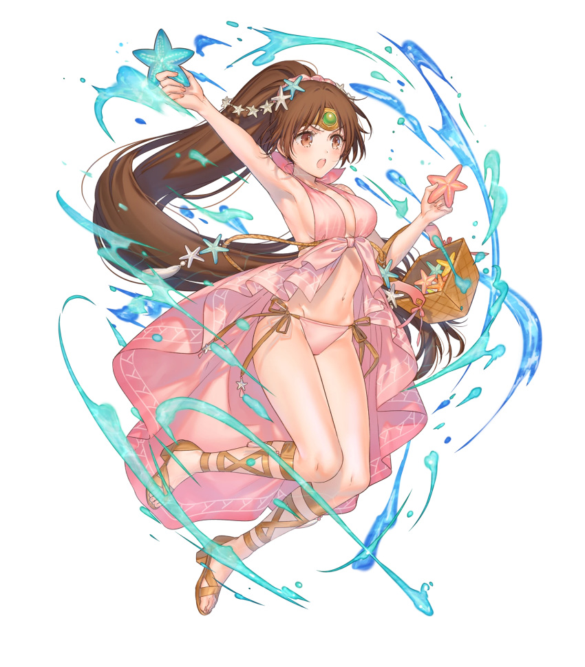 armpits bangs bare_shoulders basket bikini breasts brown_eyes brown_hair circle fire_emblem fire_emblem:_monshou_no_nazo fire_emblem_heroes full_body hair_ornament highres holding jewelry kippu large_breasts linda_(fire_emblem) long_hair navel official_art open_mouth ponytail sandals side-tie_bikini solo starfish swimsuit transparent_background very_long_hair water