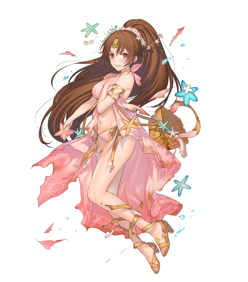 armlet bangs bare_shoulders basket bikini blush breasts brown_eyes brown_hair circle fire_emblem fire_emblem:_monshou_no_nazo fire_emblem_heroes full_body hand_on_own_chest highres jewelry kippu large_breasts linda_(fire_emblem) long_hair navel official_art open_mouth ponytail sandals side-tie_bikini solo starfish swimsuit torn_clothes transparent_background very_long_hair