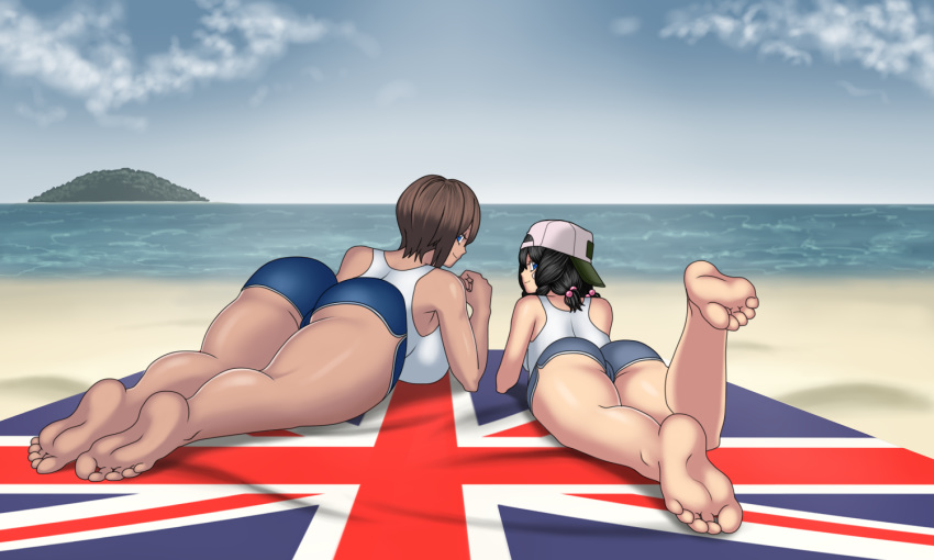 ass bad_id bad_pixiv_id barefoot beach black_hair blanket brown_hair cloud cloudy_sky day feet from_behind island leg_up mature mk001black multiple_girls ocean self_upload shirt short_shorts shorts sky summer tank_top thighs union_jack white_shirt