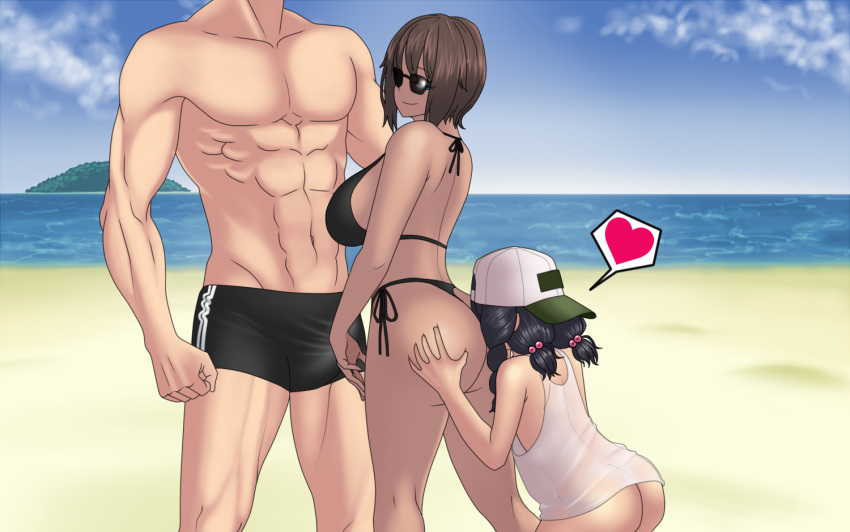 2girls ass beach black_hair brown_hair couple day long_hair mature mk001black multiple_girls ocean original self_upload short_hair summer