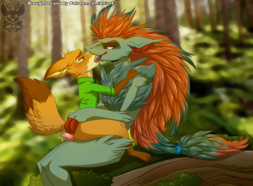 2016 animal_genitalia animal_penis anthro anthro_on_anthro black_fur blue_eyes blush bottomless canine canine_penis claws clothed clothing disney drooling duo eye_contact forest fox fur green_eyes hair hands_on_hips hands_on_shoulders kissing long_hair male male/male mammal nick_wilde nintendo nude on_lap open_mouth orange_fur outside penis pok&eacute;mon pok&eacute;mon_(species) precum red_hair saliva shirt sitting size_difference tongue tongue_out tree video_games xnirox zootopia zoroark