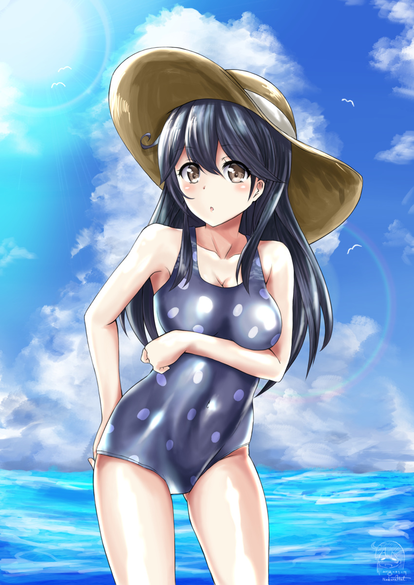 arm_behind_back arm_under_breasts bird black_hair blue_sky blue_swimsuit breast_hold breasts brown_eyes cloud cloudy_sky collarbone day eyebrows_visible_through_hair hat highres kantai_collection long_hair looking_at_viewer medium_breasts nakura_haru ocean one-piece_swimsuit open_mouth polka_dot polka_dot_swimsuit seagull sky sun_hat sunlight swimsuit ushio_(kantai_collection)