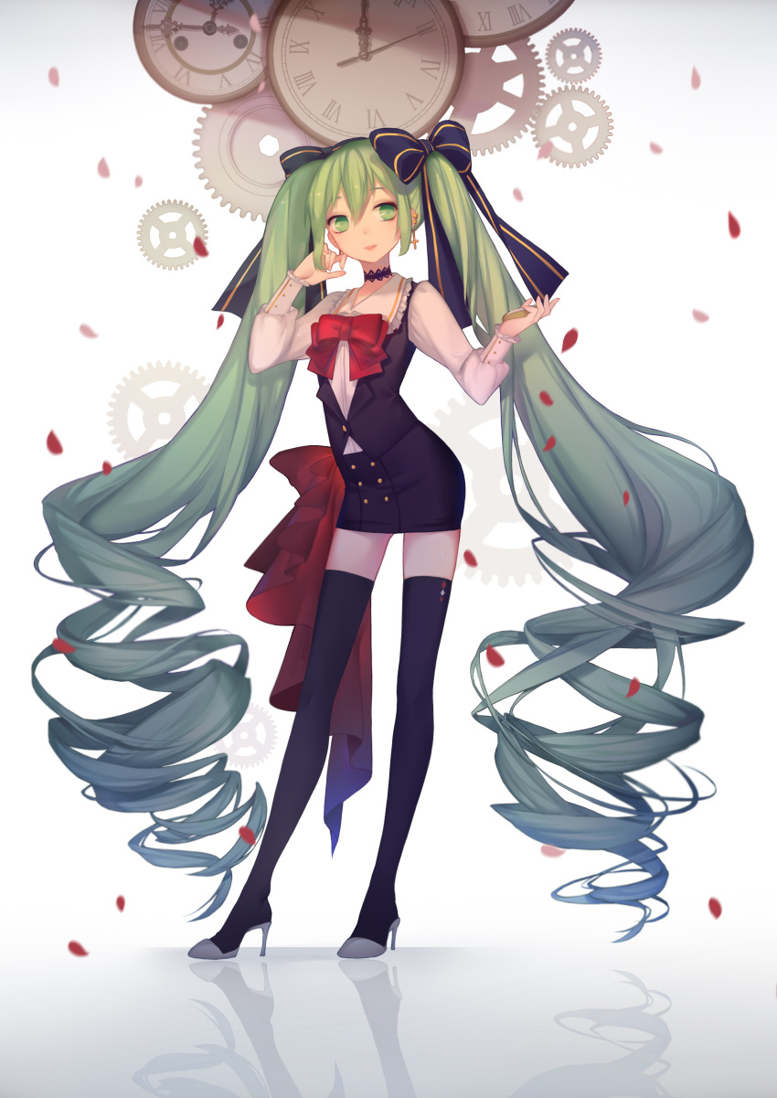 absurdly_long_hair absurdres black_bow black_legwear black_skirt bow bowtie clock drill_hair full_body gradient gradient_background green_eyes green_hair hair_between_eyes hair_bow hatsune_miku high_heels highres holding long_hair miniskirt parted_lips pencil_skirt petals pumps red_bow shirt skirt slyvia solo standing thighhighs twin_drills twintails very_long_hair vocaloid white_shirt zettai_ryouiki