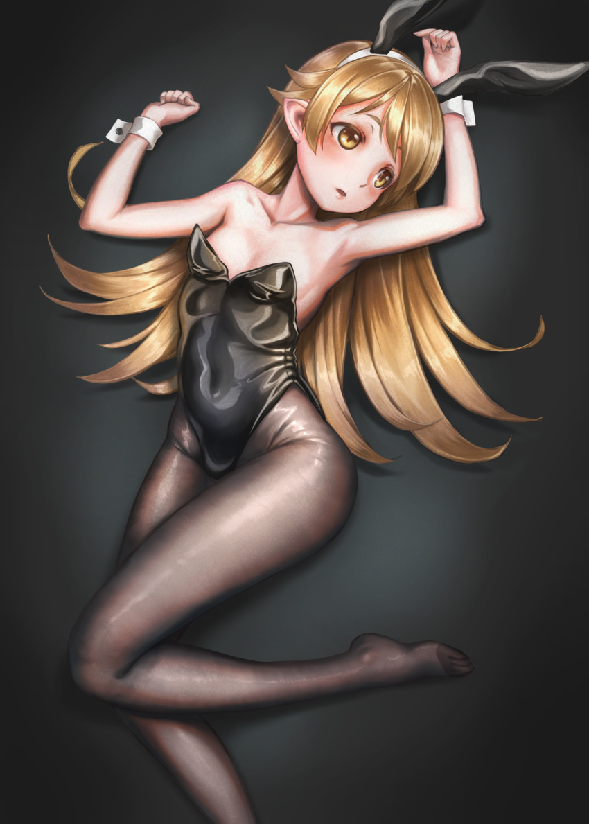 animal_ears arms_up bai_linqin bakemonogatari bangs bare_shoulders black_leotard blonde_hair brown_legwear bunny_ears bunny_girl bunnysuit commentary covered_navel fake_animal_ears flat_chest highres legs_together leotard long_hair long_legs looking_to_the_side lying monogatari_(series) on_back oshino_shinobu pantyhose shiny shiny_clothes solo strapless strapless_leotard thighs toes wrist_cuffs yellow_eyes