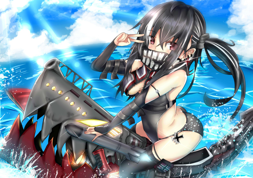 absurdres arm_warmers ass azur_lane black_hair breasts cloud commentary_request covered_mouth day earrings fire_maxs highres jewelry looking_at_viewer mask medium_hair ocean red_eyes riding side_ponytail solo submarine sunlight swimsuit thighhighs u-47_(azur_lane) v watercraft