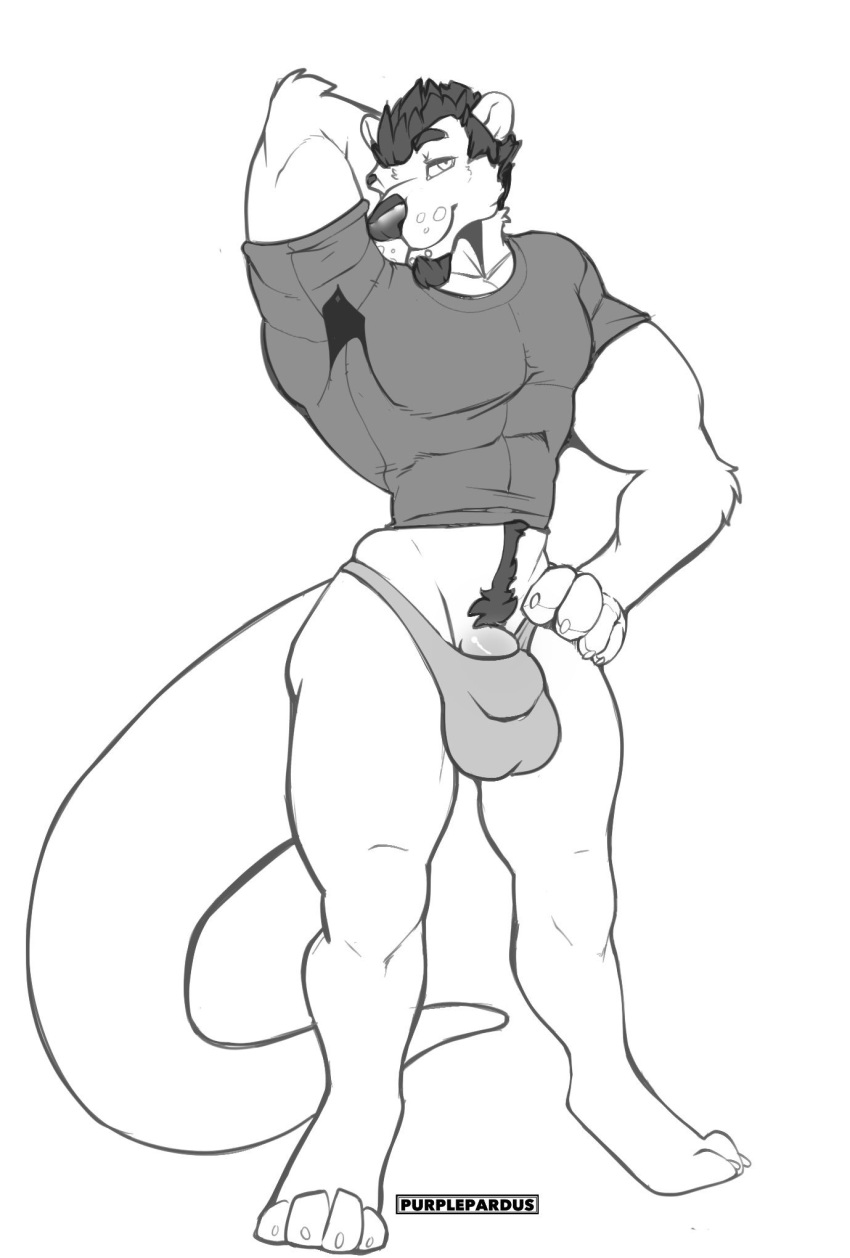 anthro bulge clothed clothing facial_hair goatee greyscale looking_at_viewer male mammal monochrome muscular muscular_male mustelid otter penis pubes purplepardus solo standing