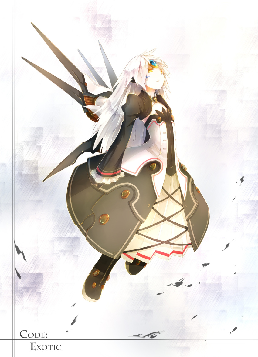 absurdres black_dress black_footwear buttons character_name code:_exotic_(elsword) cross-laced_clothes detached_sleeves dress elsword eve_(elsword) facial_mark floating forehead_jewel frilled_sleeves frills full_body gloves half-closed_eyes highres long_hair long_skirt long_sleeves malmaron mechanical_wings polearm shoes simple_background skirt solo spear weapon white_hair wings yellow_eyes
