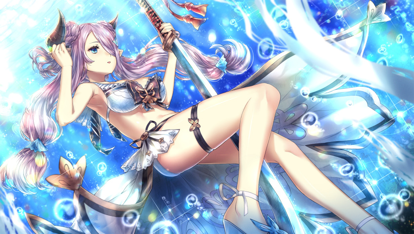 ankle_ribbon armpits bikini blue_eyes bubble floating_hair from_below granblue_fantasy hair_bun hair_over_one_eye highres holding holding_sword holding_weapon horns hourainingyou long_hair narmaya_(granblue_fantasy) parted_lips pink_hair pointy_ears ribbon solo swimsuit sword thigh_strap twintails underwater very_long_hair weapon white_bikini white_ribbon